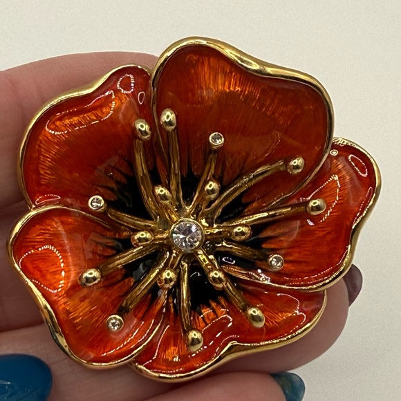 Monet Jewelry - Vintage Monet Poppy Brooch • Red-Orange Enamel + Rhinestones • 2” • Signed